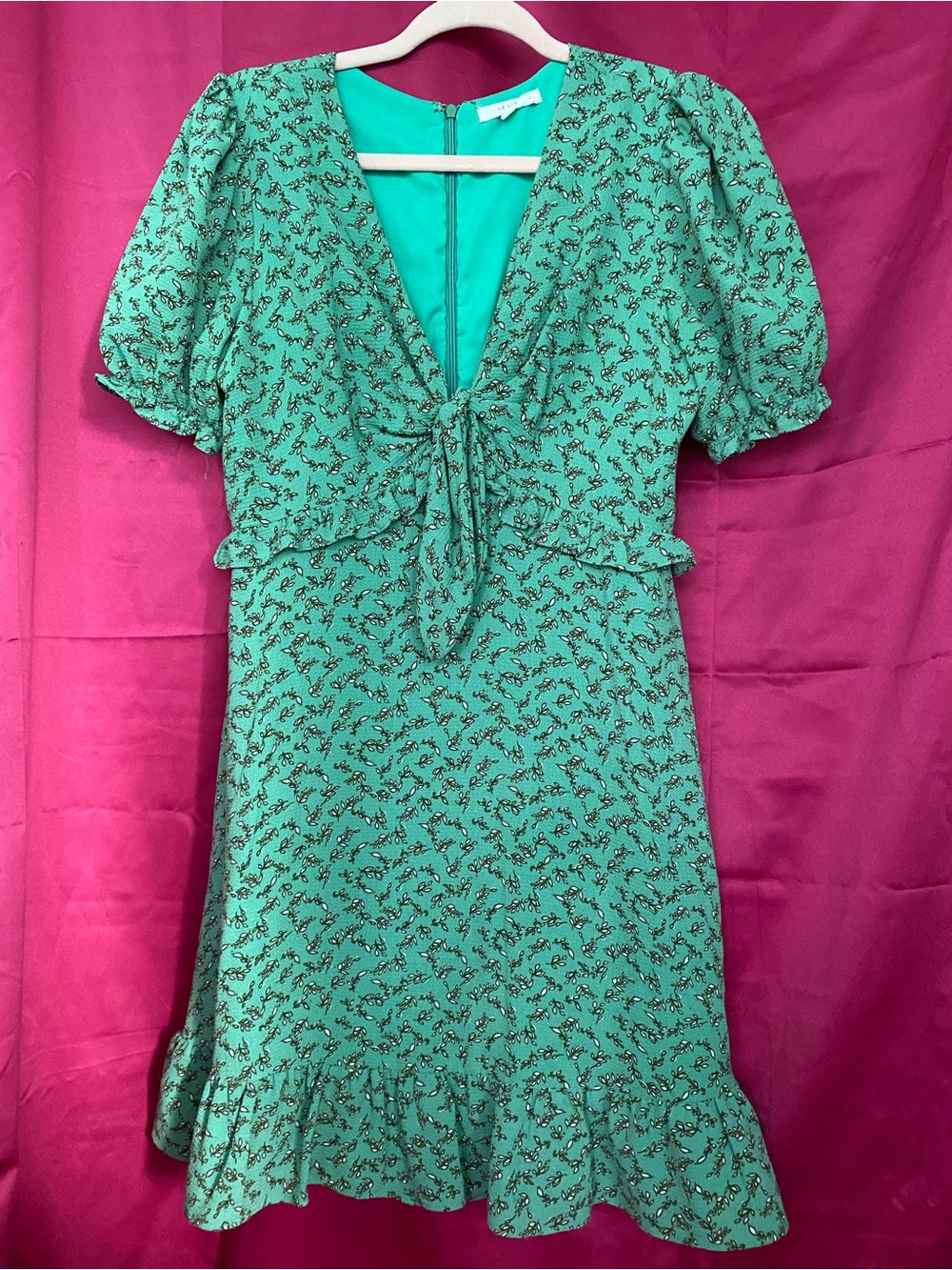 Le Lis Teal Green Floral Tie-Front Puff Sleeve Midi Dress